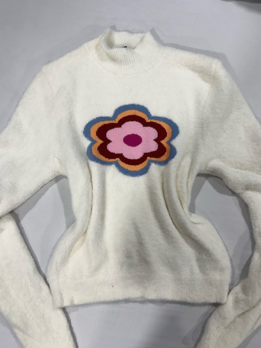 Forever 21 Cream Turtleneck Sweater with Multicolor Flower Patch